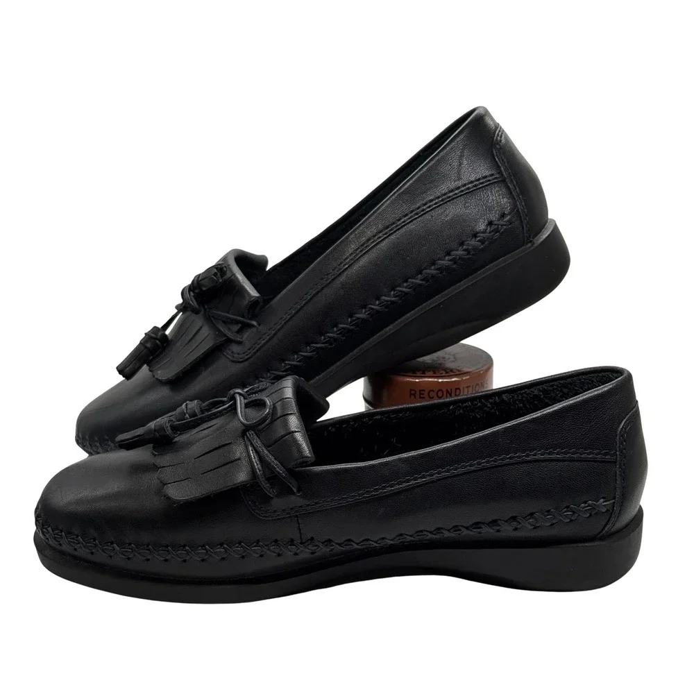 Dexter Loafers Women‎ 6.5W Black Leather Kiltie Tassel Low Wedge Comfort Classic